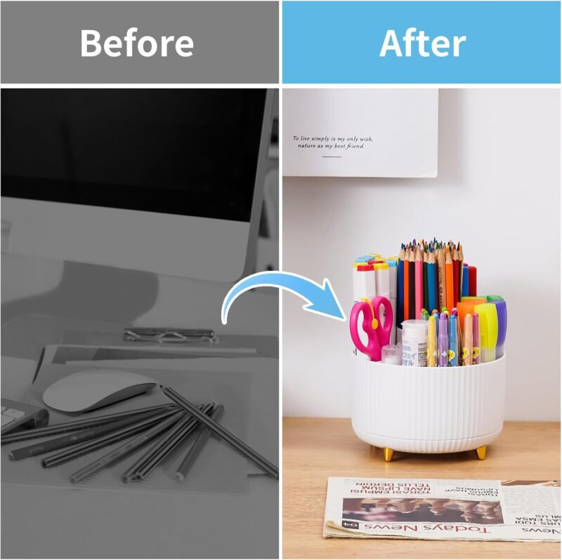 Marbrasse Desk Organizer, 360-Degree Rotating Pen Holder for Desk, Desk Organizers and Accessories with 5 Compartments Pencil Organizer, Art Supply Storage Box Caddy for Office, Home （White） - Image 7