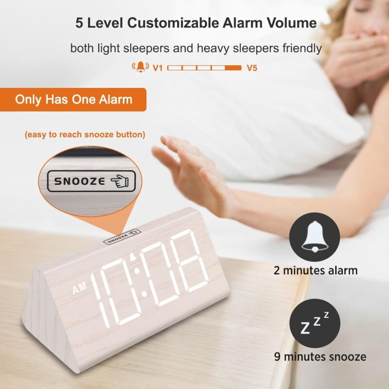 DreamSky Wooden Digital Alarm Clock for Bedroom - Living Room Desk Clock with Large Numbers, Bedside Nightstand Clock with USB Port, Adjustable Volume, Dimmer, Snooze, DST, Office Wood Décor, Gifts - Image 5