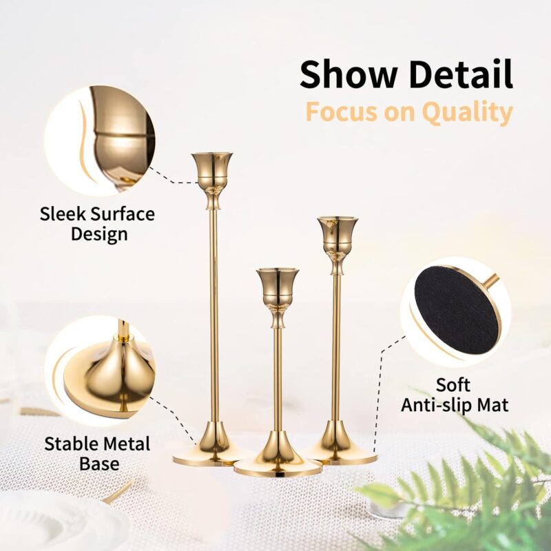 Candlestick Holders Taper Candle Holders, Set of 3 Candle Stick Holders Set, Brass Gold Candlestick Holder Set, Vintage Modern Decorative Centerpiece for Table Mantel Wedding Housewarming Gift - Image 4