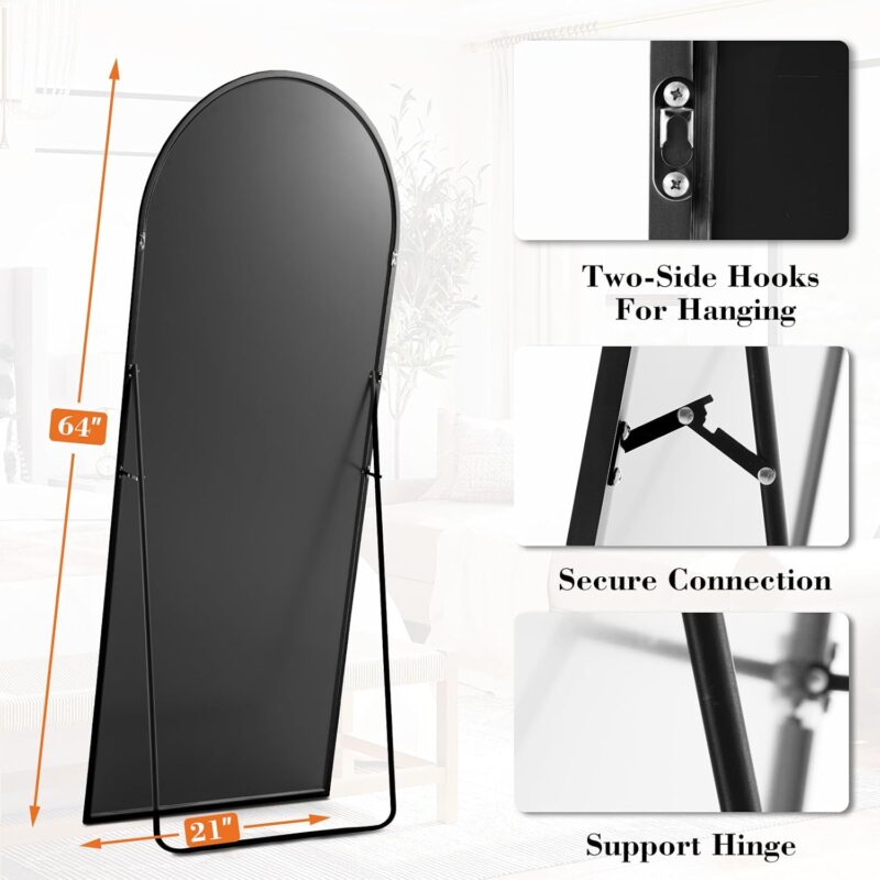 DUMOS Arched Full Length Mirror with Stand 64"x21" Floor Standing Aluminum Frame for Bedroom Body Hanging Leaning Modern Simple Home Decor Shatter-proorf Nano Glass Wall Living Room Cloakroom Black - Image 5