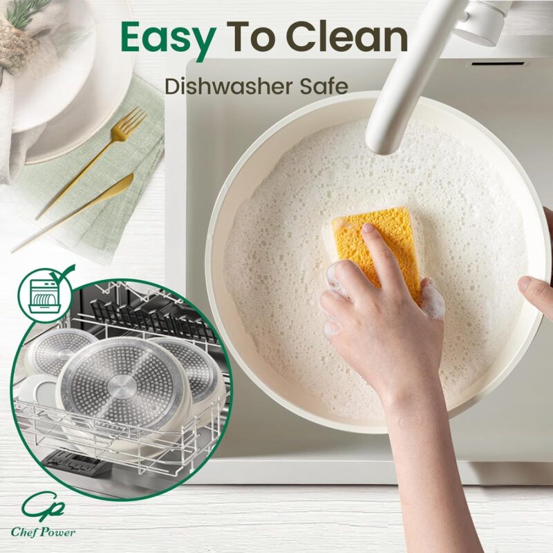 Chef Power Ceramic Cookware Set Non Toxic with Detachable Handles, Healthy Nonstick Pans and Pots Set 19 Pcs, Induction Dishwasher Oven Safe Kitchen Set, PFAS PFOA & PTFE Free, Cream White - Image 5