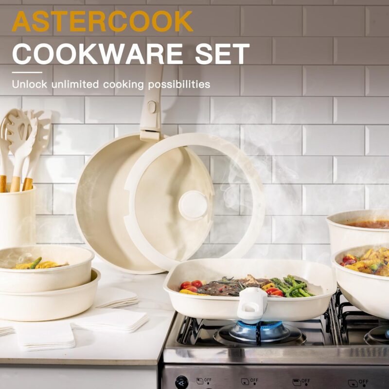 Astercook 23 Pcs Pots and Pans Set Non Stick, Ceramic Cookware Set Detachable Handle, RV Kitchen Cooking Set Removable Handles, Oven Safe, Induction Ready, Stackable Non-stick Set, Cream White - Image 7