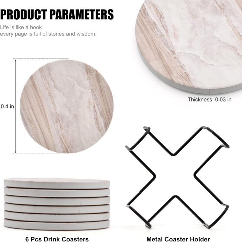 6Pcs Drink Coasters with Holder, Marble Style Ceramic Drink Coaster, Absorbent Coasters Set Suitable for Kinds of Cups, Modern Style Coasters for Coffee Table, 4 Inches - Image 2