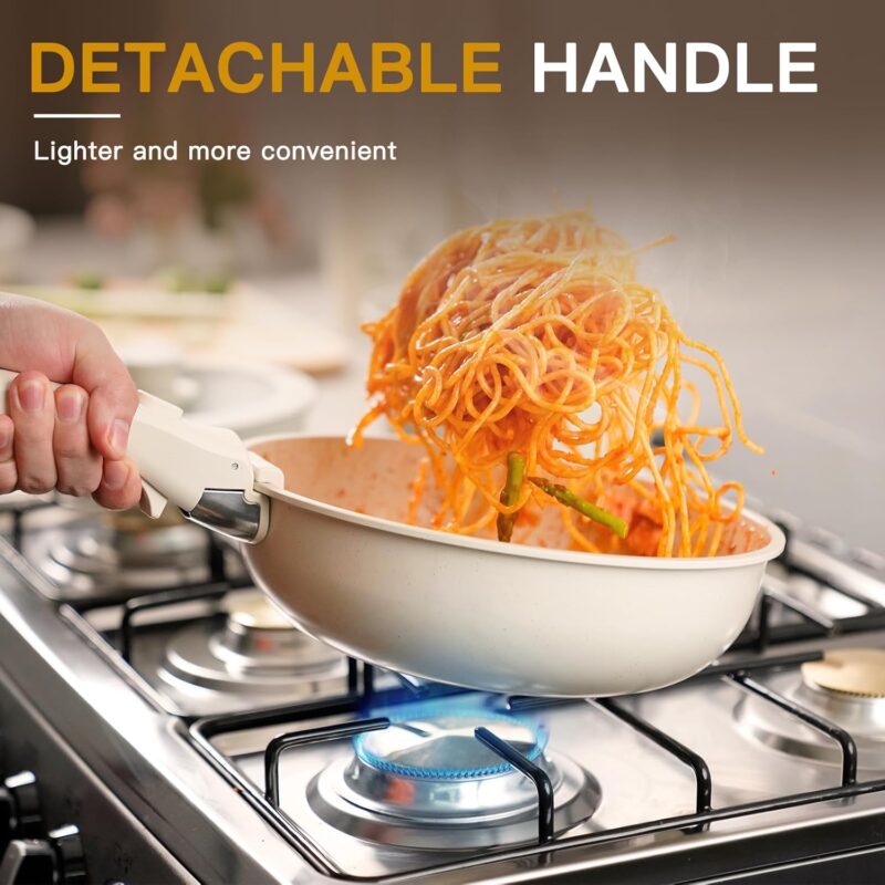 Astercook 23 Pcs Pots and Pans Set Non Stick, Ceramic Cookware Set Detachable Handle, RV Kitchen Cooking Set Removable Handles, Oven Safe, Induction Ready, Stackable Non-stick Set, Cream White - Image 2