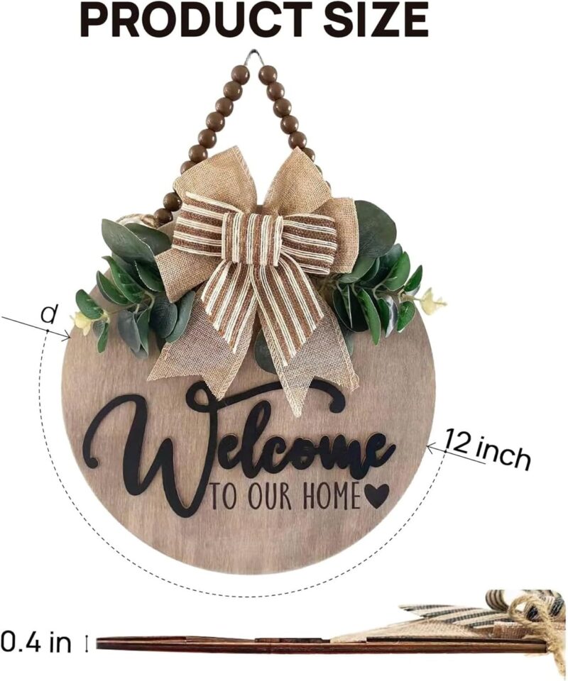 3D Welcome Sign for Front Door | Home/Farmhouse Porch Décor Wooden Hanging Sign with Artificial Leaves and Rustic Beads | Christmas Classroom |12" Round - Image 3