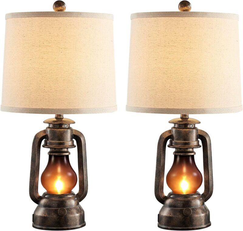 RORIANO Farmhouse Lantern Table Lamps for Living Room Set of 2, Vintage Bedroom Resin Lamp with Dual USB Charging Ports, Rustic Retro Bedside Nightstand Desk Lamp, Linen Fabric Shade, 4 Bulb Included - Image 7