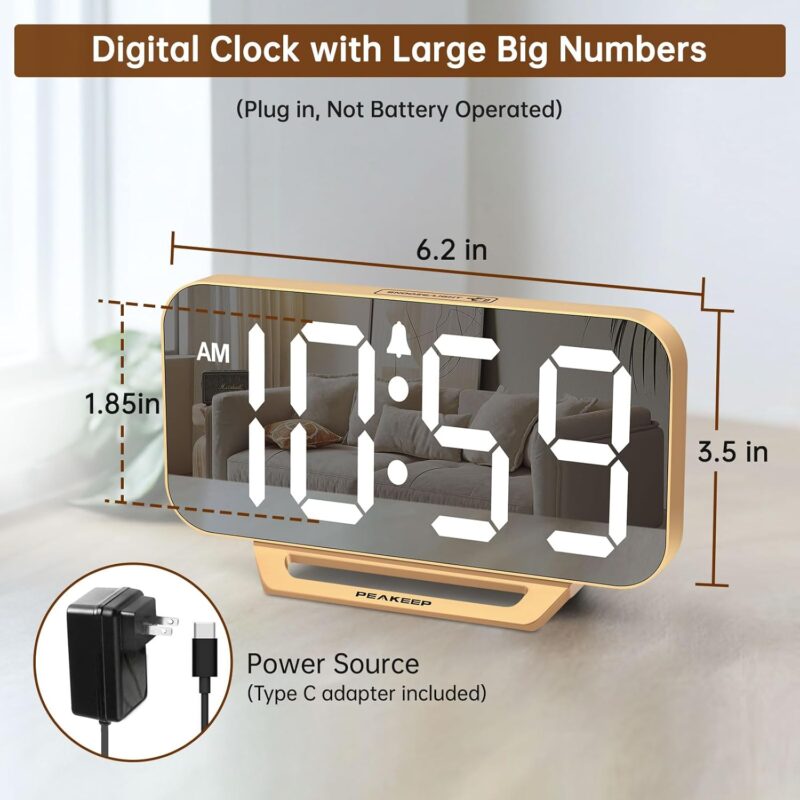 Peakeep Slim Digital Mirror Clock, Aesthetic Alarm Clock for Desk - Plug in Electric Clock Big LED Modern Decorative Small Table Clock for Office Living Room, Battery Backup, 6 Dimmers (Gold) - Image 2