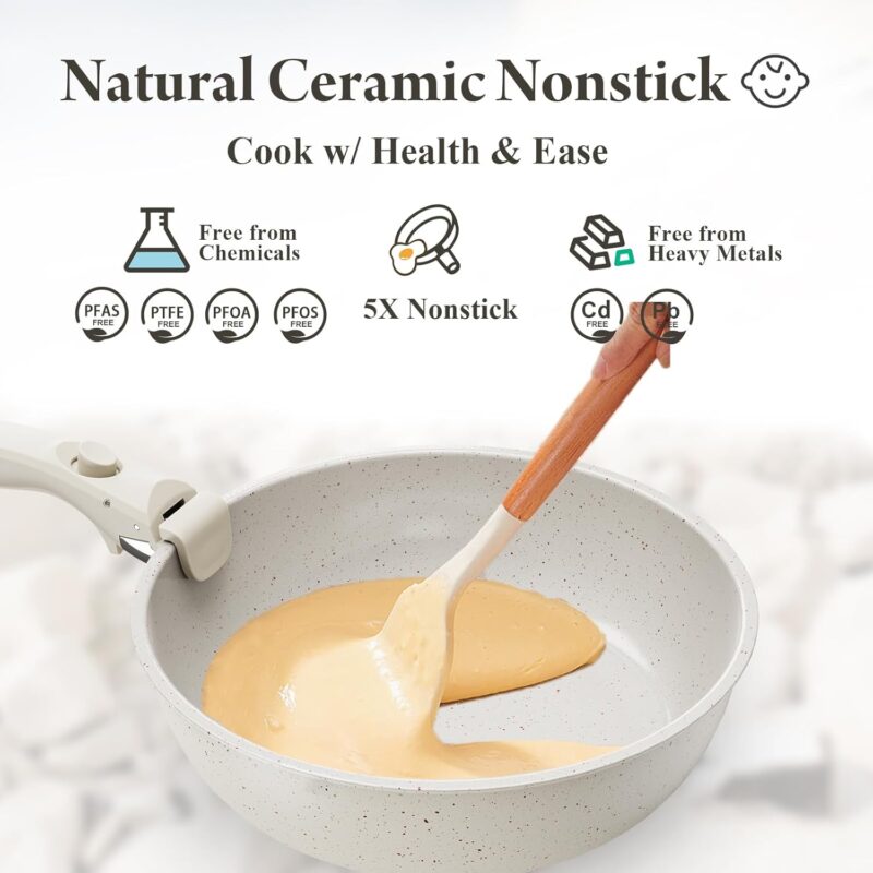 Ceramic Nonstick Cookware Set, Healthy,Non Toxic,17-Pieces Pots and Pans Set Removable Handles,Induction RV Kitchen Set,Stain & Scratch-resistant,Dishwasher/Oven Safe,PFAS/PFOA Free,Cream White - Image 5