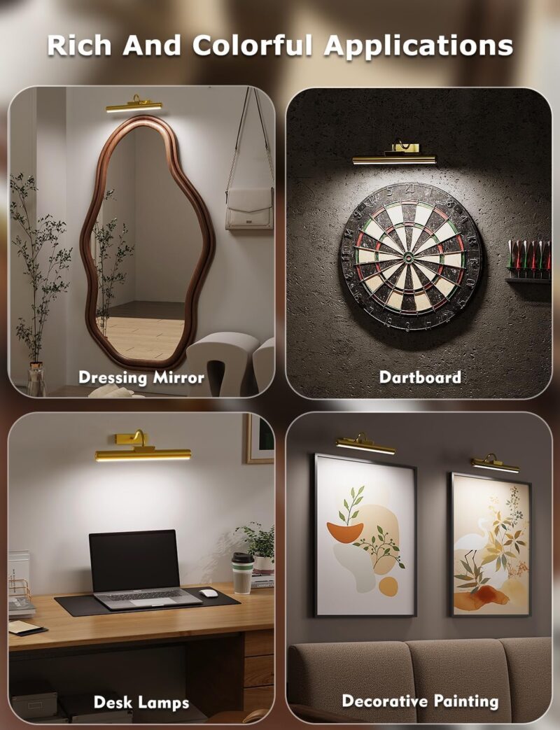 Picture Light Battery Operated, 13in Wireless Art Light for Paintings, Dimmable 5000mAh Recharging Battery Picture Light with Remote Control for Wall, Gallery Dartboard Art Bedroom (Gold-2Pack) - Image 6