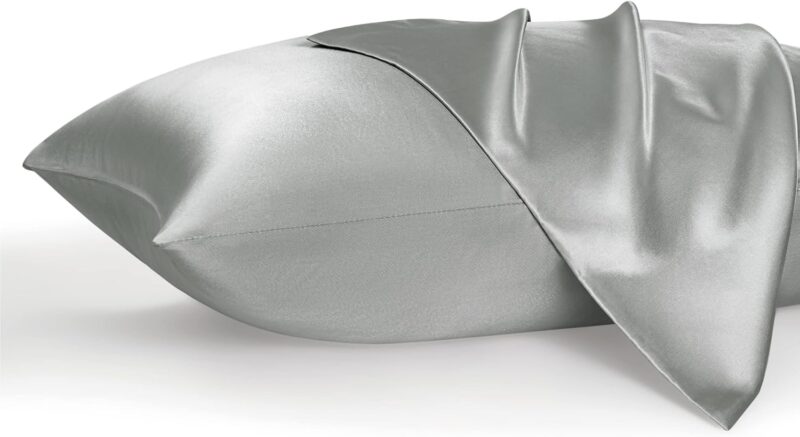 Bedsure Satin Pillowcases, Similar to Silk Pillow Cases Queen Size Set of 2, Cooling Pillow Case for Hot Sleepers with Envelope Closure, Gifts for Women Men, Silver Grey, 20x30 Inches