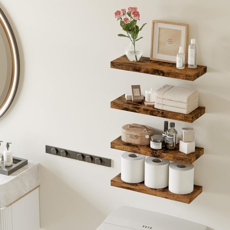 Fixwal 15.8in Floating Shelves, Rustic Wood Finish Wall Shelves Set of 4, Shelves for Wall Decor, with Invisible Brackets for Bathroom, Living Room,Bedroom and Kitchen(Rustic Brown) - Image 2