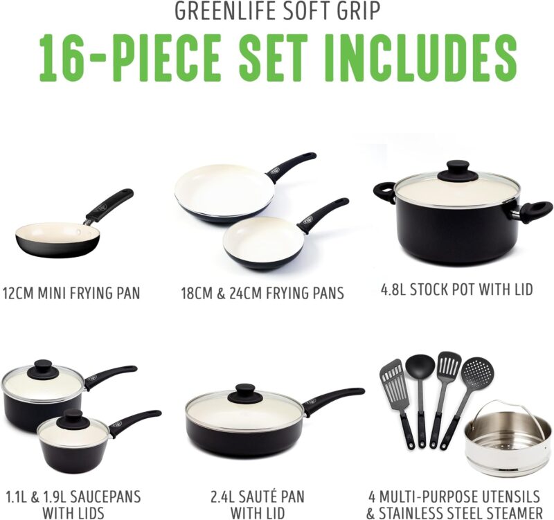 GreenLife Soft Grip 16 Piece Cookware Set, Non-Toxic PFAS-Free Ceramic Nonstick, Frying, Sauce, Saute, Utensils, Glass Lids, Stay-Cool Handles, Wobble Free, Dishwasher & Oven Safe, Black and Cream - Image 3
