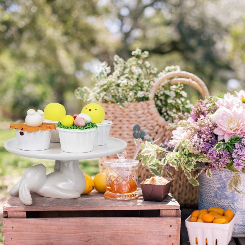 LA JOLIE MUSE Cupcake Stand, Easter Decorations, Ceramic Dessert Plates for Eggs and Cookies, Bunny Candy Dish Gifts, 8.3 Inch White - Image 6