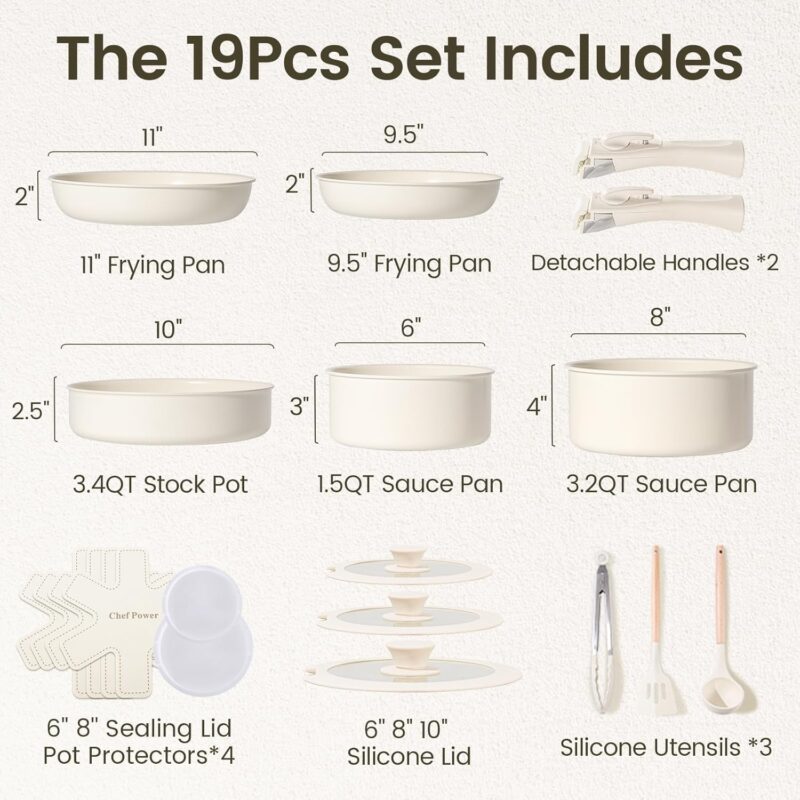 Chef Power Ceramic Cookware Set Non Toxic with Detachable Handles, Healthy Nonstick Pans and Pots Set 19 Pcs, Induction Dishwasher Oven Safe Kitchen Set, PFAS PFOA & PTFE Free, Cream White - Image 2