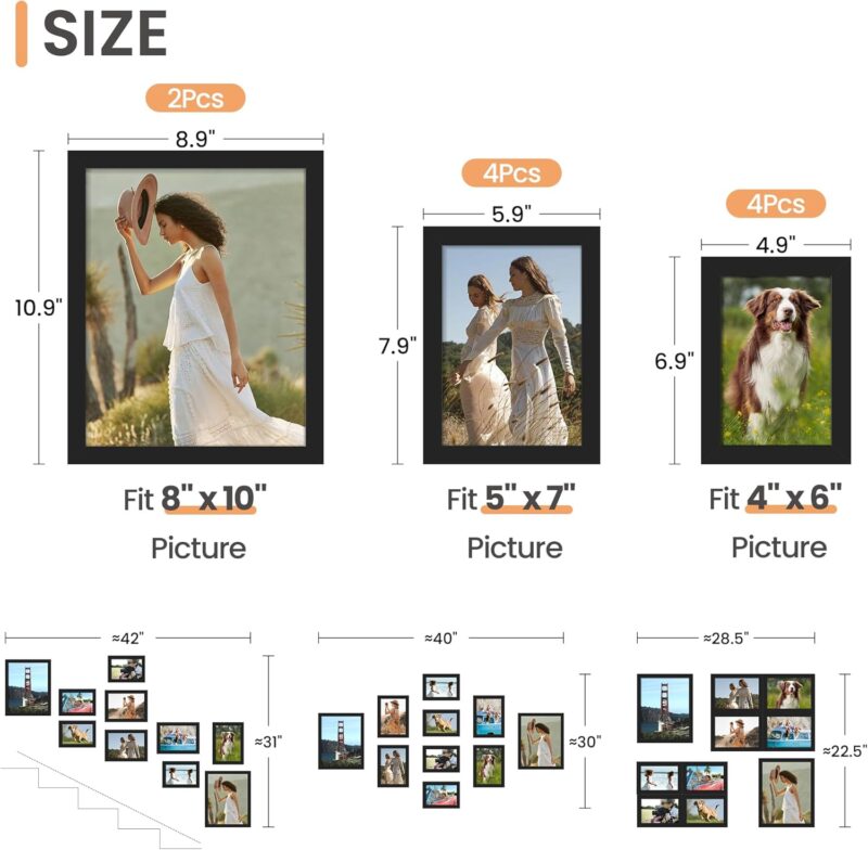 upsimples 10 Pack Picture Frames Collage Wall Decor for Mounting or Tabletop Display, Photo Gallery Frame Set for Family, Multi Sizes Including 8x10, 5x7, 4x6, Black - Image 2