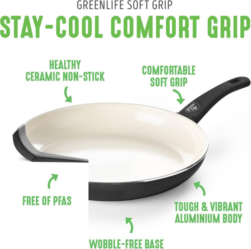 GreenLife Soft Grip 16 Piece Cookware Set, Non-Toxic PFAS-Free Ceramic Nonstick, Frying, Sauce, Saute, Utensils, Glass Lids, Stay-Cool Handles, Wobble Free, Dishwasher & Oven Safe, Black and Cream - Image 4