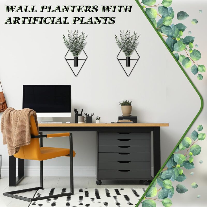 Jexine 2 Pcs Hanging Planters with Artificial Eucalyptus Metal Hanging Vase Indoor Plants Holder Modern Geometric Boho Wall Decor for Living Room Home Office(Black) - Image 6