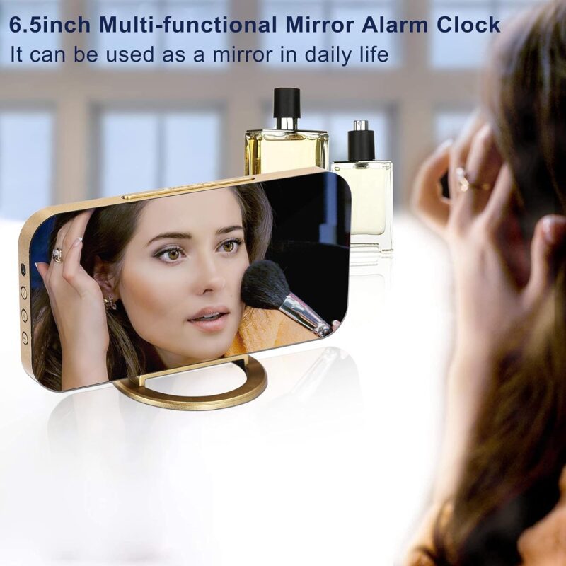SZELAM Digital Alarm Clock,LED and Mirror Desk Clock Large Display,with Dual USB Charger Ports,3 Levels Brightness,12/24H,Modern Electronic Clock for Bedroom Home Living Room Office - Gold - Image 2