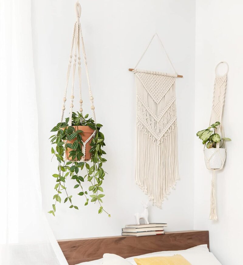 Mkono Macrame Plant Hanger Indoor Hanging Planter Basket with Wood Beads Decorative Flower Pot Holder No Tassels for Indoor Outdoor Boho Home Decor 35 Inch, Ivory, Set of 1 (POTS NOT Included) - Image 2