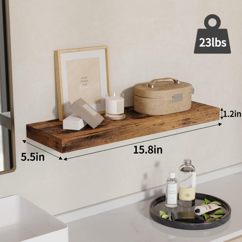 Fixwal 15.8in Floating Shelves, Rustic Wood Finish Wall Shelves Set of 4, Shelves for Wall Decor, with Invisible Brackets for Bathroom, Living Room,Bedroom and Kitchen(Rustic Brown) - Image 3