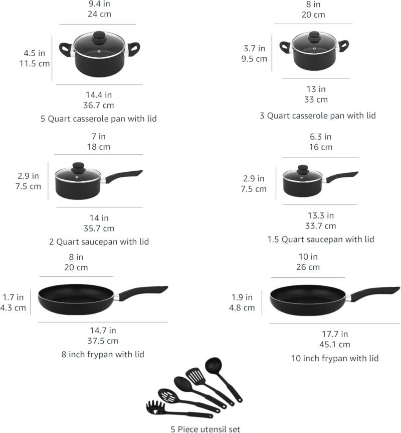 Amazon Basics Non Stick Kitchen Cookware 15-Piece Set, Non-Induction, Includes Pots, Pans, and Utensils, Black - Image 4