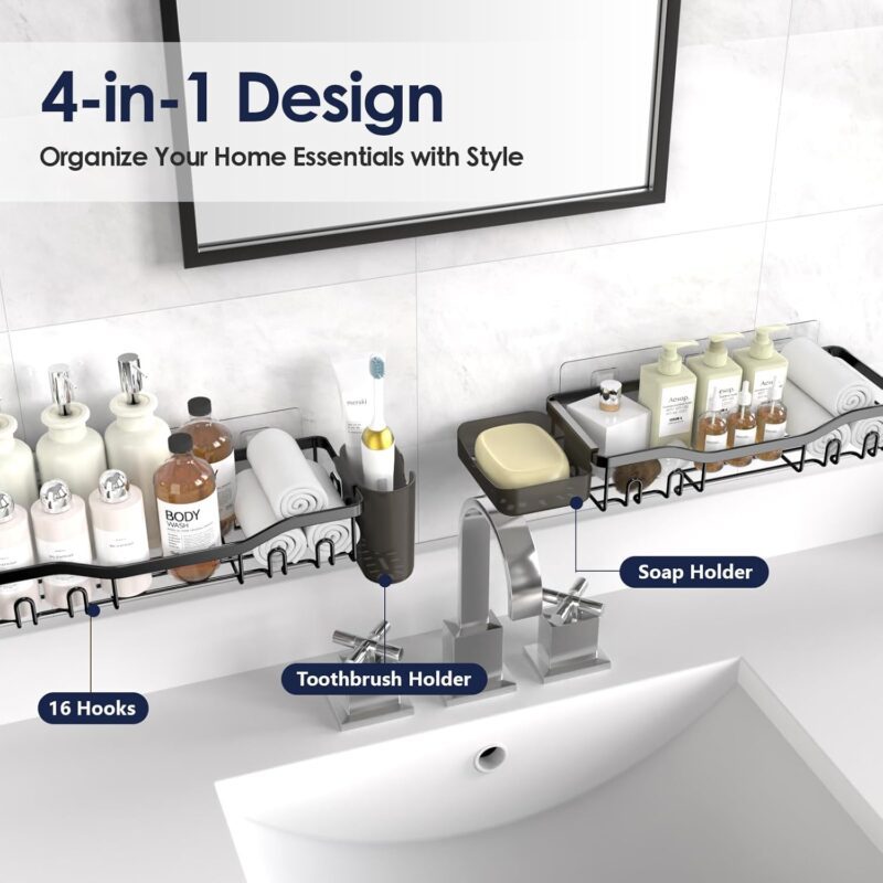 Shower Caddy Adhesive Shower Organizer Rustproof Stainless Steel Bathroom Shelves, Large Capacity No-Drill Rack Storage Accessories with Soap Dish Toothbrush Holder & 16 Hooks Home Decor Black - Image 5