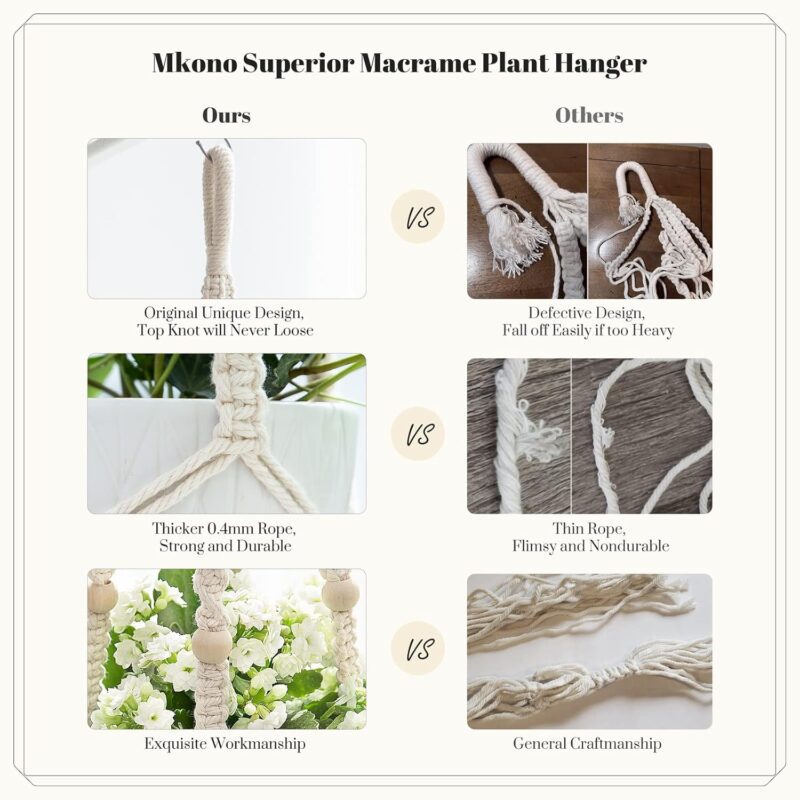 Mkono Macrame Plant Hanger Indoor Hanging Planter Basket with Wood Beads Decorative Flower Pot Holder No Tassels for Indoor Outdoor Boho Home Decor 35 Inch, Ivory, Set of 1 (POTS NOT Included) - Image 5