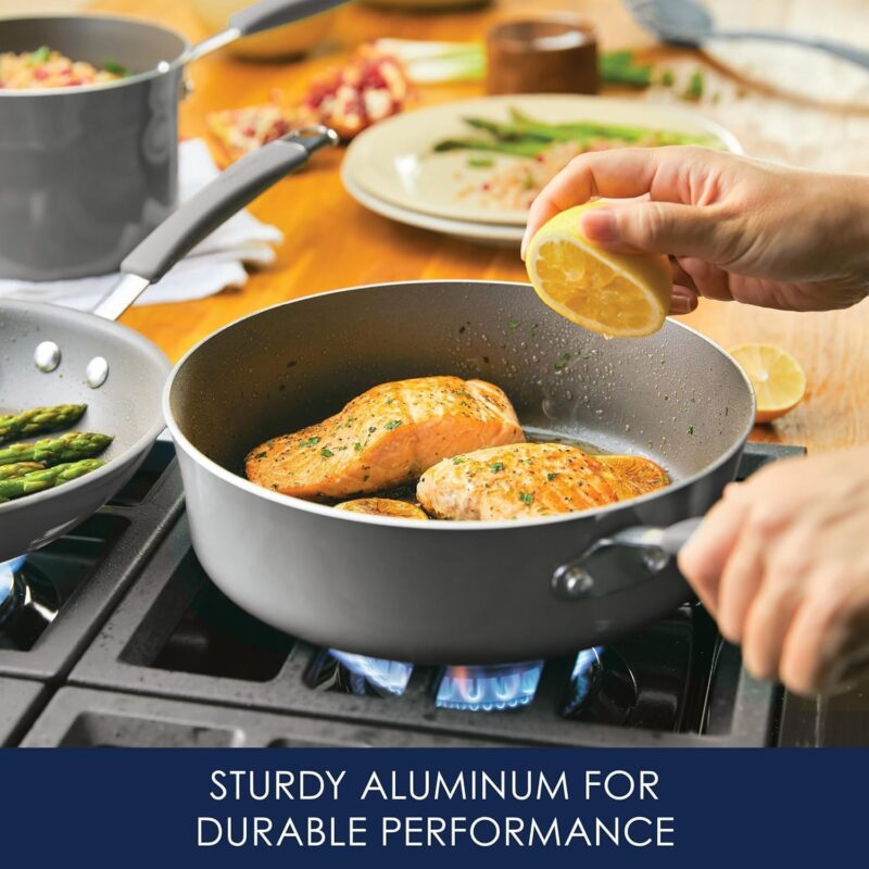 Rachael Ray - 16802 Rachael Ray Cucina Nonstick Cookware Pots and Pans Set, 12 Piece, Sea Salt Gray - Image 3