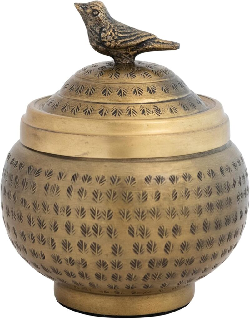 Creative Co-Op, Brass Round Hammered Metal Container with Bird Finial, Finish - Image 3