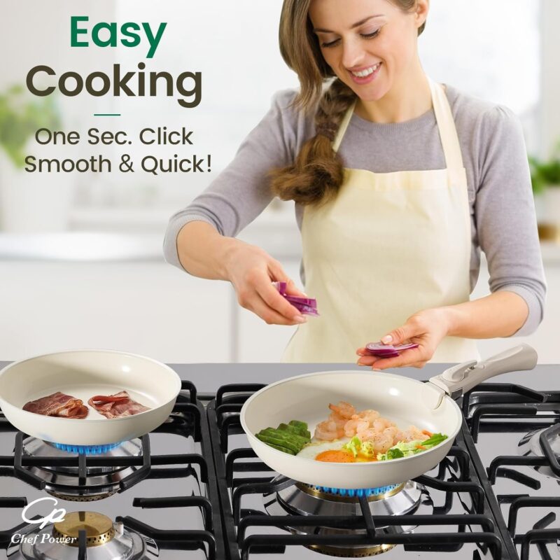 Chef Power Ceramic Cookware Set Non Toxic with Detachable Handles, Healthy Nonstick Pans and Pots Set 19 Pcs, Induction Dishwasher Oven Safe Kitchen Set, PFAS PFOA & PTFE Free, Cream White - Image 7