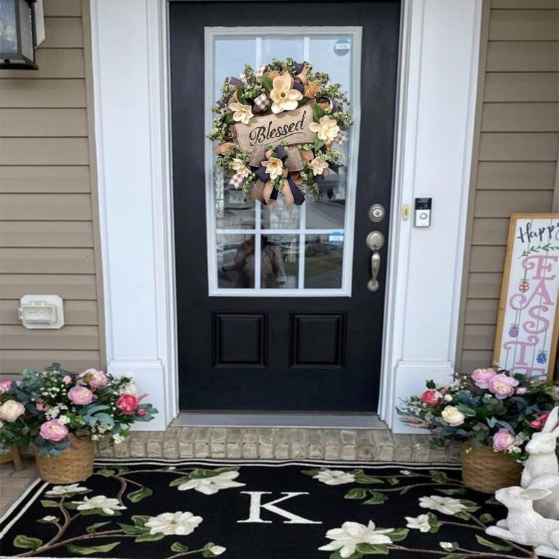 Spring Summer Wreath for Front Door,Farmhouse Magnolia Porch Decoration,Front Door Hanger,Housewarming Gift, Buffalo Plaid Year Round Wreath,Summer Home Decor - Image 5