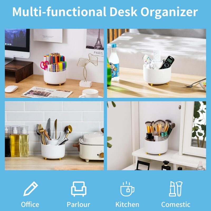 Marbrasse Desk Organizer, 360-Degree Rotating Pen Holder for Desk, Desk Organizers and Accessories with 5 Compartments Pencil Organizer, Art Supply Storage Box Caddy for Office, Home （White） - Image 2