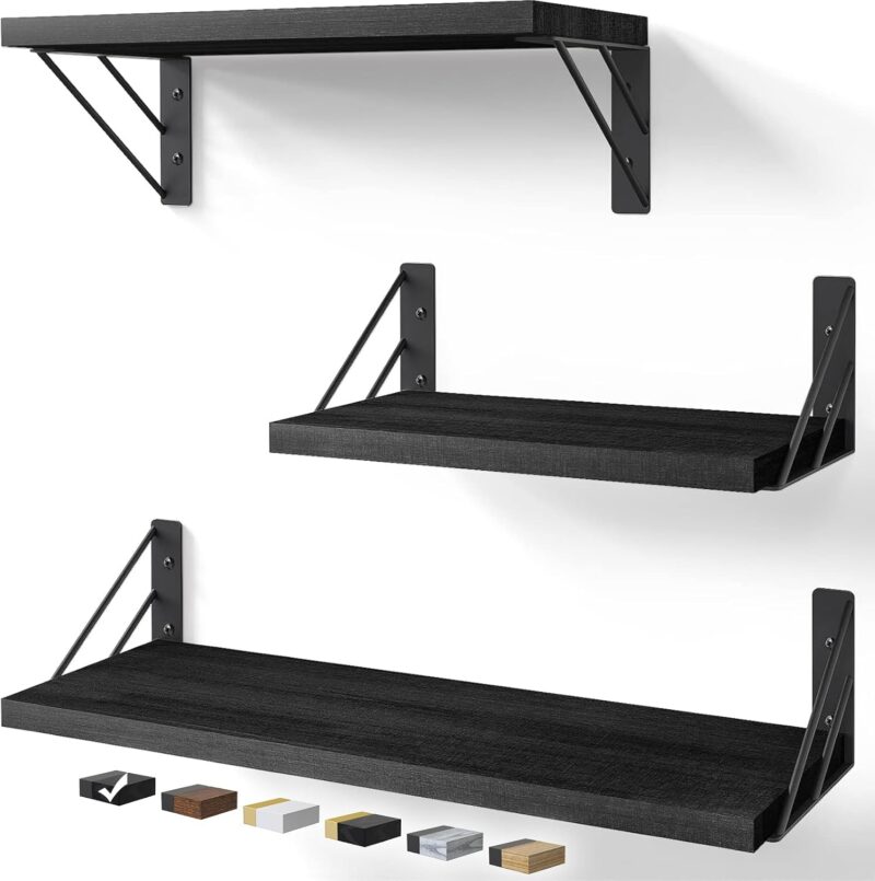 BAYKA Wall Shelves for Bedroom Decor, Floating Wall Shelves for Living Room Kitchen Storage, Wall Mounted Rustic Wood Floating Shelves for Kids Books, Corner Shelves for Bathroom, Office(Set of 3)