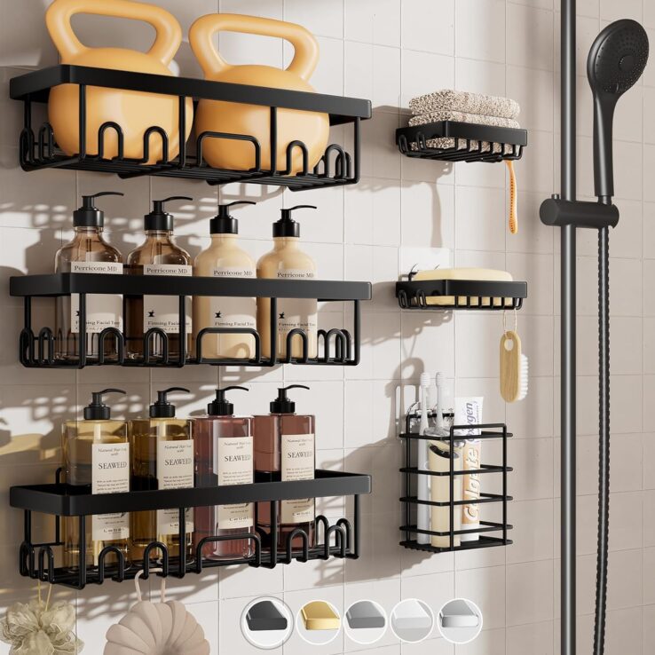 Veken Stainless Steel Shower Caddy 6-Pack, No Drilling & Rustproof, Waterproof Adhesive Shelves Rack with Soap Holder, Large Capacity Bathroom Organizers and Storage, Wall-Mounted Kitchen & Home Decor