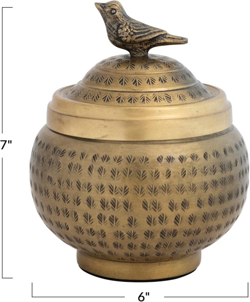 Creative Co-Op, Brass Round Hammered Metal Container with Bird Finial, Finish - Image 2