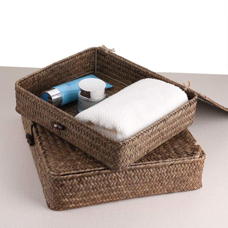 Hipiwe Set of 2 Flat Woven Wicker Storage Bins with Lid Natural Seagrass Basket Multipurpose Home Boxes for Shelf Organizer (Coffee) - Image 6
