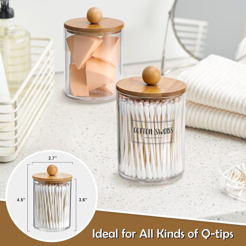 4 Pack Qtip Holder Dispenser with Bamboo Lids - 10 oz Clear Plastic Apothecary Jar Containers for Vanity Makeup Organizer Storage - Bathroom Accessories Set for Cotton Swab, Ball, Pads, Floss - Image 4