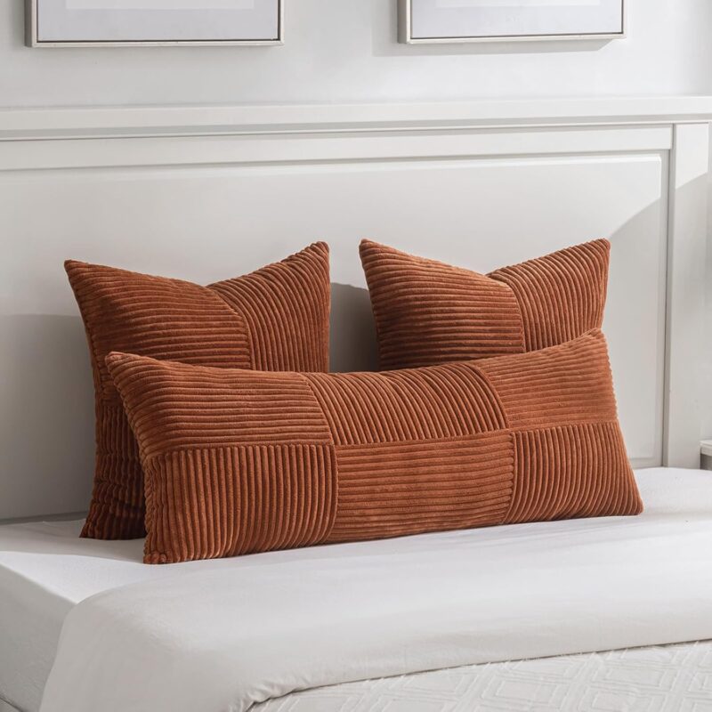 Fancy Homi 2 Packs Rust Boho Decorative Throw Pillow Covers 18x18 Inch for Couch Bed Sofa, Farmhouse Fall Home Decor, Soft Corss Corduroy Patchwork Textured Terracotta Accent Cushion Case 45x45 cm - Image 5