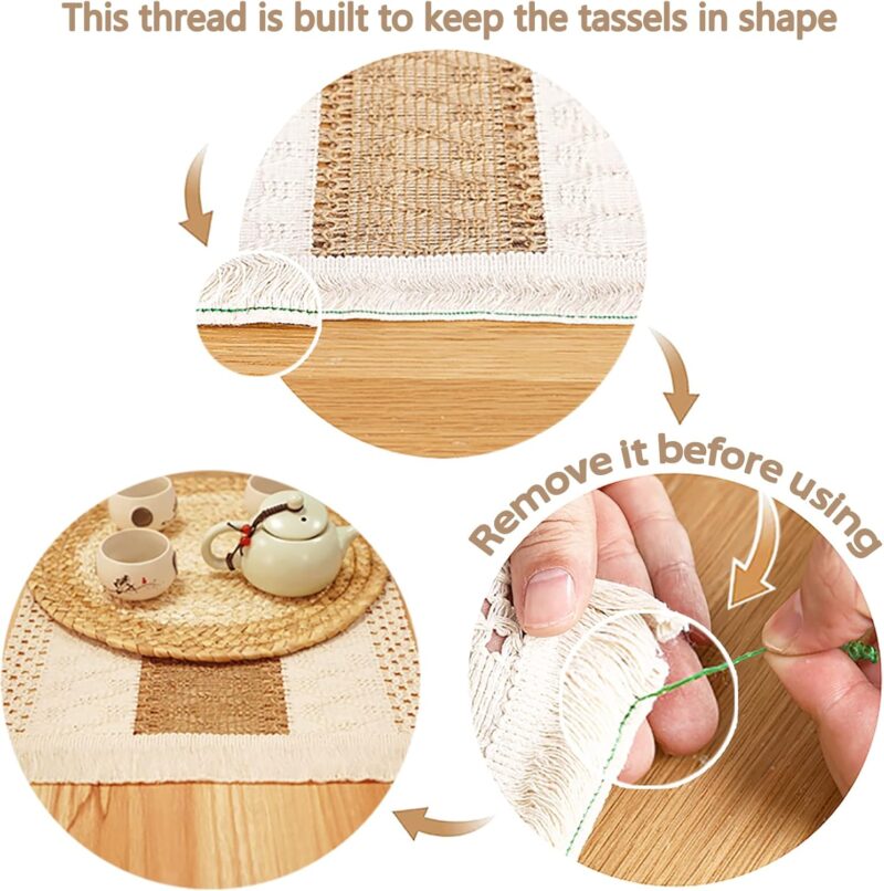 Handmade Boho Placemats Set of 6 - Natural Cotton Burlap and Water Straw Woven Combination Table Mats, Macrame Décor and Farmhouse Style Placemats, for Dining Table Kitchen - Image 5