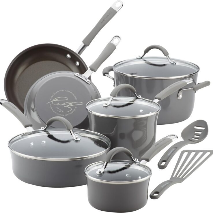 Rachael Ray - 16802 Rachael Ray Cucina Nonstick Cookware Pots and Pans Set, 12 Piece, Sea Salt Gray