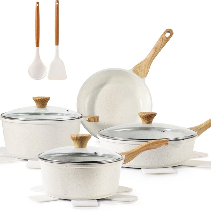 SENSARTE Nonstick Ceramic Cookware Set 13-Piece, Healthy Pots and Pans Set, Non-toxic Kitchen Cooking Set with Stay-Cool Handles, Silicone Tools and Pot Protectors, PFAS and PFOA Free