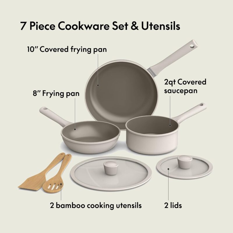 bella 7 Piece Cookware Set with EverGood™ Ceramic Nonstick Coating​, Dishwasher Safe Oven Safe, All Stovetops Compatible, Glass Lids with Silicone Rims, Cool Touch Handles, Oatmilk - Image 3