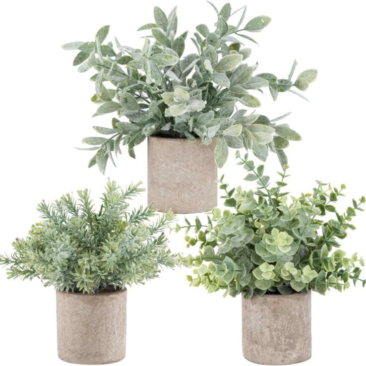 Der Rose 3 Pack Mini Potted Fake Plants Artificial Plastic Eucalyptus Plants Topiaries for Home Office Desk Farmhouse Room Decor