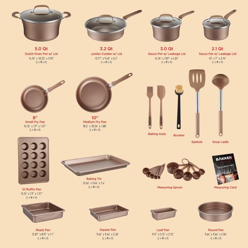 Cookware Set – 23 Piece –Gold Multi-Sized Cooking Pots with Lids, Skillet Fry Pans and Bakeware – Reinforced Pressed Aluminum Metal - Suitable for Gas, Electric, Ceramic and Induction by BAKKEN Swiss - Image 6