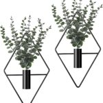 Jexine 2 Pcs Hanging Planters with Artificial Eucalyptus Metal Hanging Vase Indoor Plants Holder Modern Geometric Boho Wall Decor for Living Room Home Office(Black)