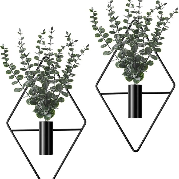 Jexine 2 Pcs Hanging Planters with Artificial Eucalyptus Metal Hanging Vase Indoor Plants Holder Modern Geometric Boho Wall Decor for Living Room Home Office(Black)