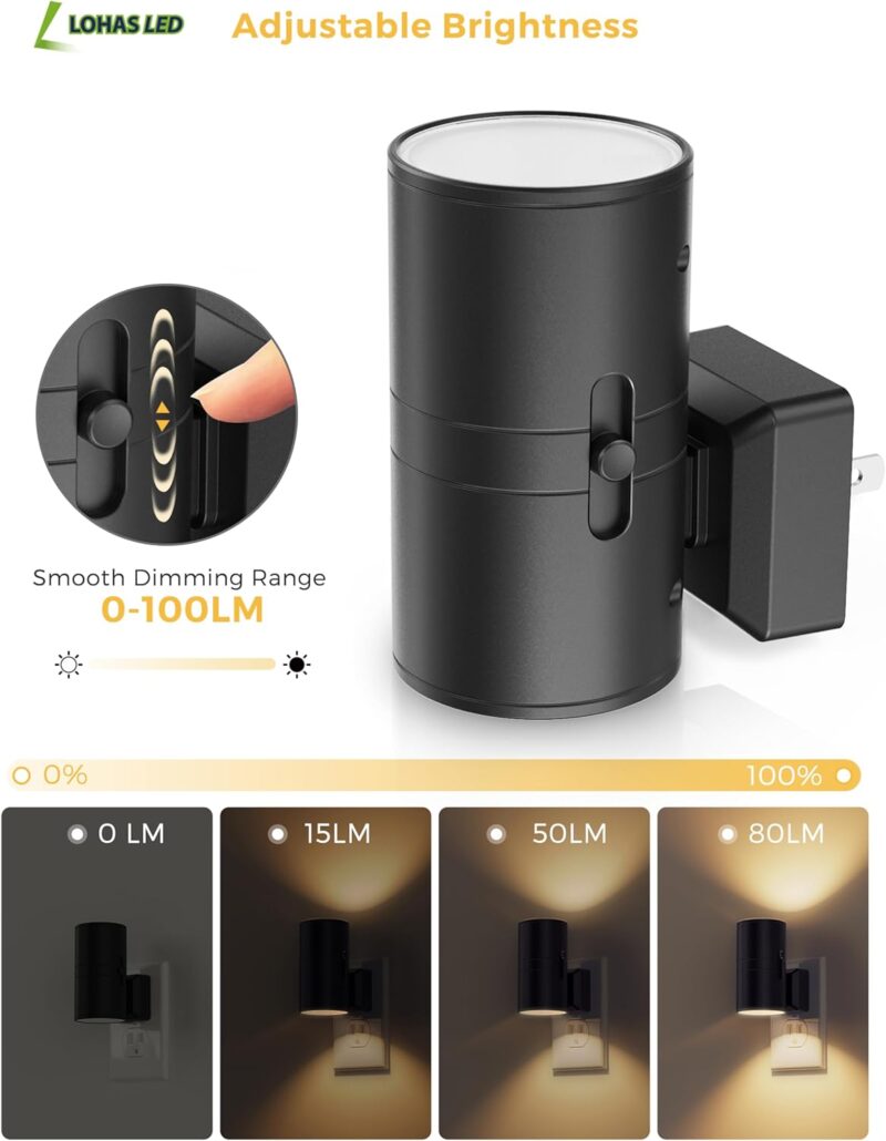 L LOHAS LED Night Light Plug in, Modern Night Lights Plug into Wall, Dusk to Dawn Sensor, Soft White 3000K, 0-100LM Adjustable Brightness, Dimmable Night Lights for Hallway Bedroom Stairway, 2 Pack - Image 3