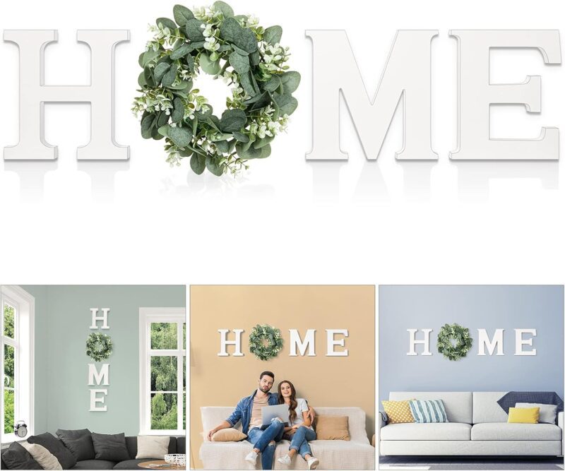 Wood Home Sign for Wall Decor Wooden Home Letters with Wreath Artificial Eucalyptus Modern Decorative Hanging Decor Farmhouse Home Sign for Living Room Kitchen Housewarming Decoration Christmas Gifts