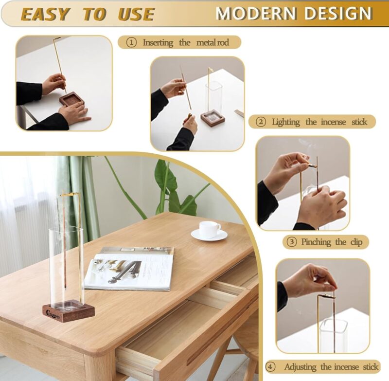 Incense Holder, Wooden Incense Holder for Sticks with Glass Ash Catcher, Anti-ash Incense Burner with 20 Incense Sticks and a Ash Brush for Meditation Yoga Spa Room Decor - Image 4
