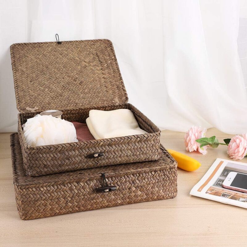 Hipiwe Set of 2 Flat Woven Wicker Storage Bins with Lid Natural Seagrass Basket Multipurpose Home Boxes for Shelf Organizer (Coffee) - Image 2